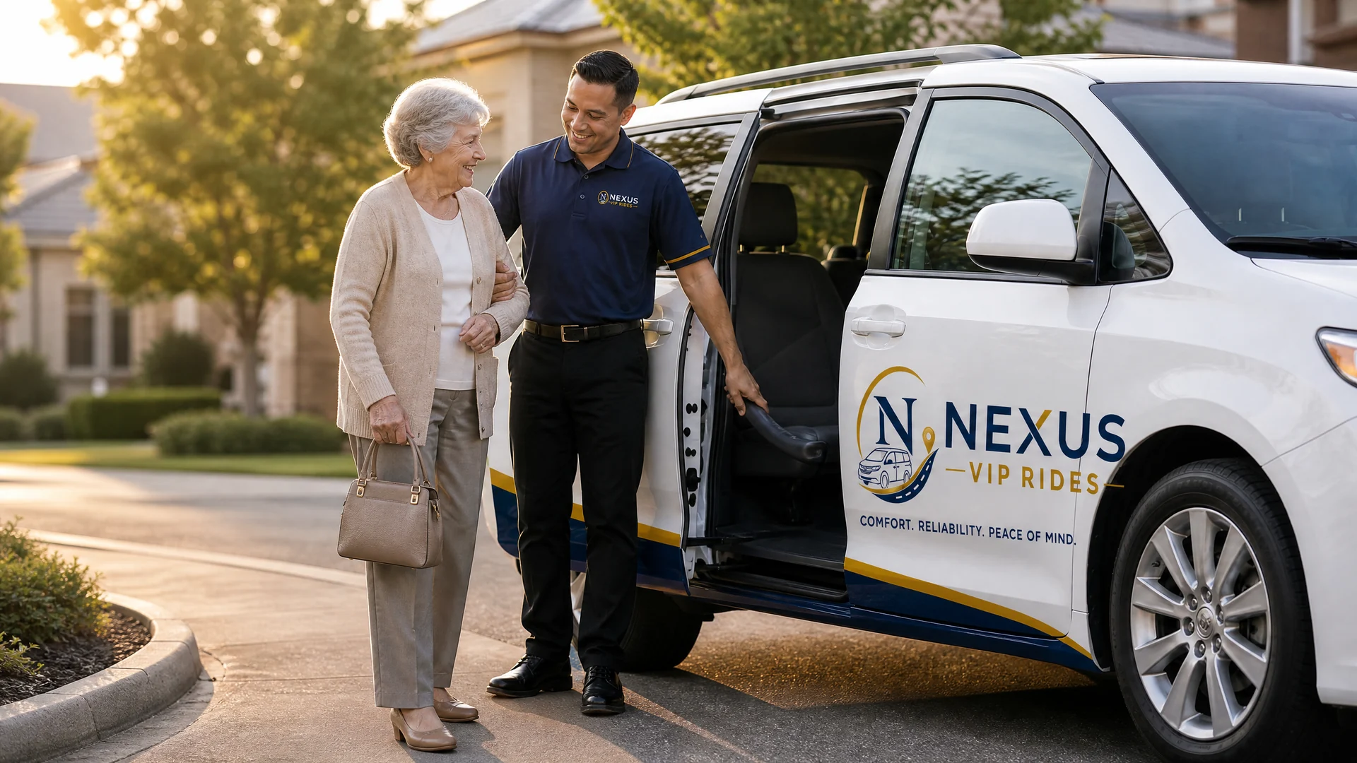 Driver offering a steady arm as a passenger boards the Nexus VIP Rides vehicle