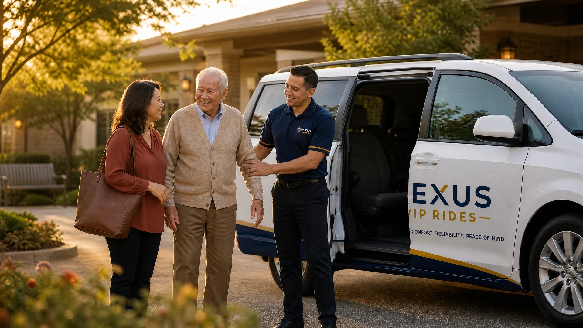 Driver greeting a family caregiver and older passenger