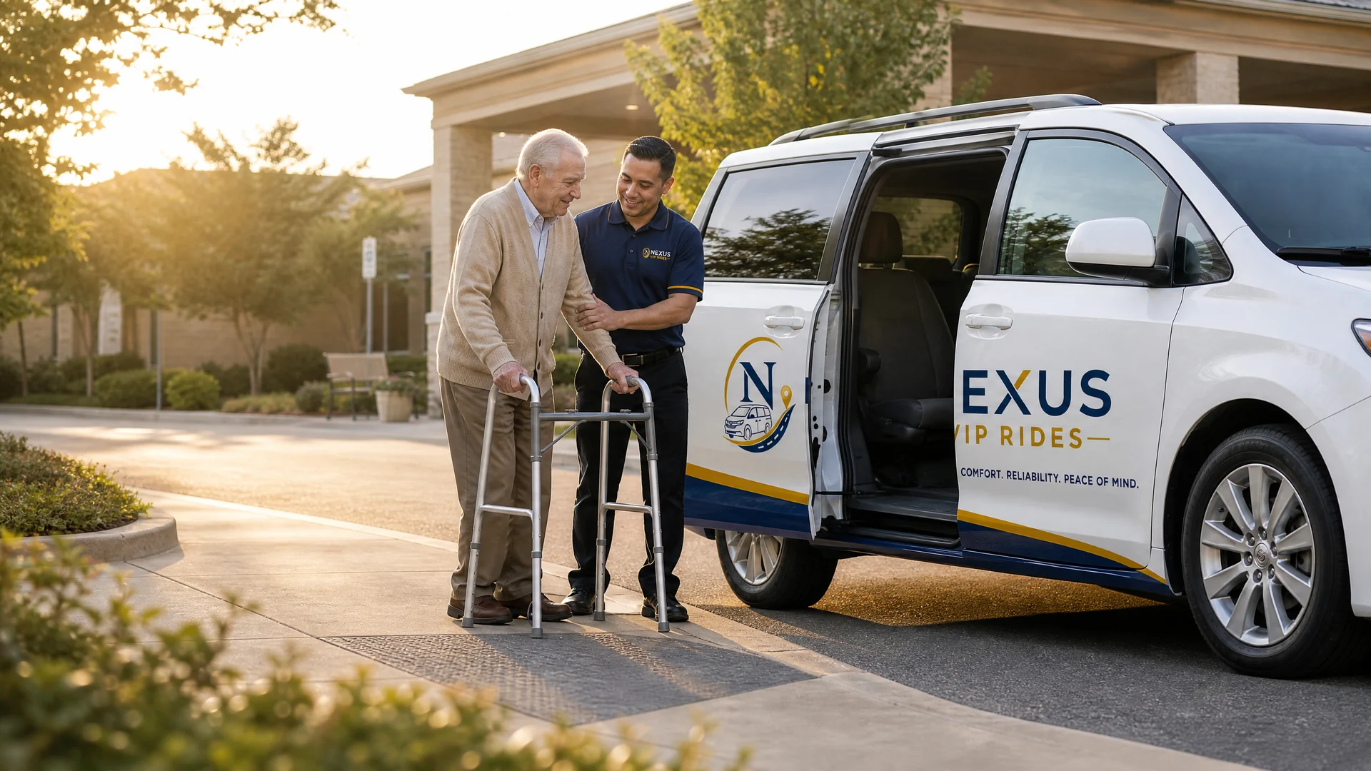 Nexus VIP Rides driver assisting an older passenger with a walker beside a branded vehicle